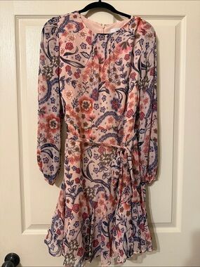 LOFT Pink Floral Long-Sleeve Tie-Waist Midi Dress